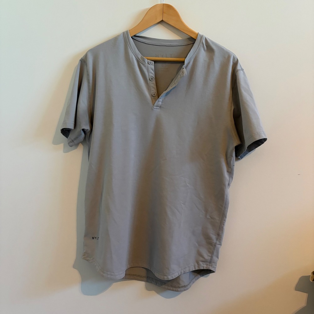 BYLT Premium Basics Mens Stone Grey Drop-Cut Short Sleeve Henley Shirt Large